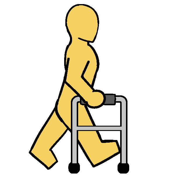 A yellow thin person walking with a gray walker.